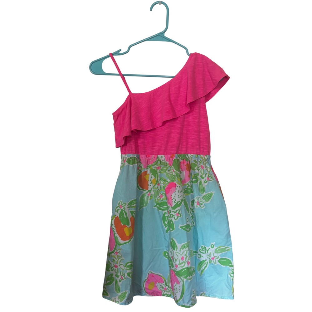 Lilly Pulitzer Girls One Shoulder Ruffle Dress XL 12/14‎ Blue Pink Flamingo